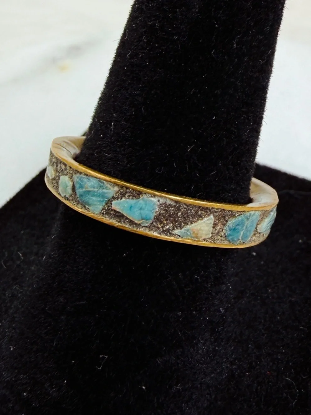2 Vintage sz 6.5 stacking rings with turquoise colored blue Inlay Brass Bands